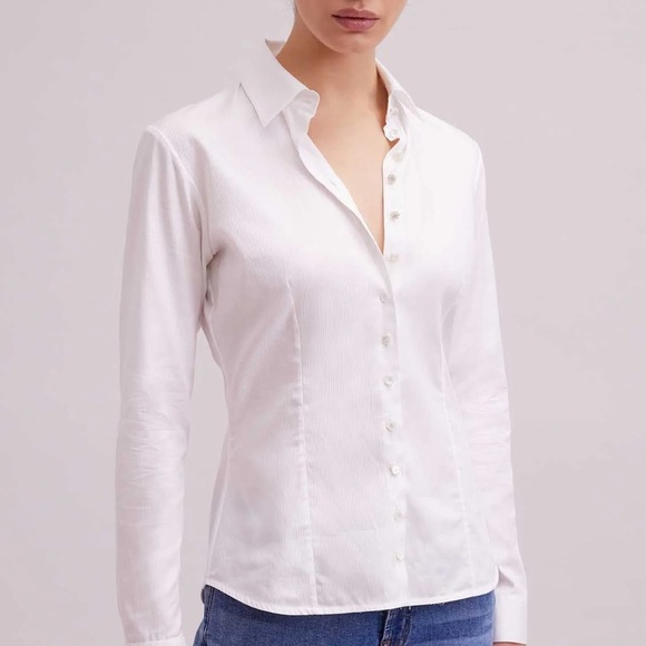 ANNE FONTAINE Gres Shirt White Collared Button Down Shirt With Micro Stripes 1 - Picture 1 of 8